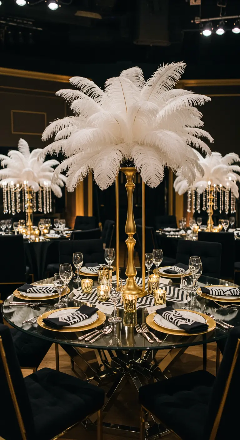 Ronde tafel met een centerpiece van witte veren, gouden borden en zwart-wit patronen.