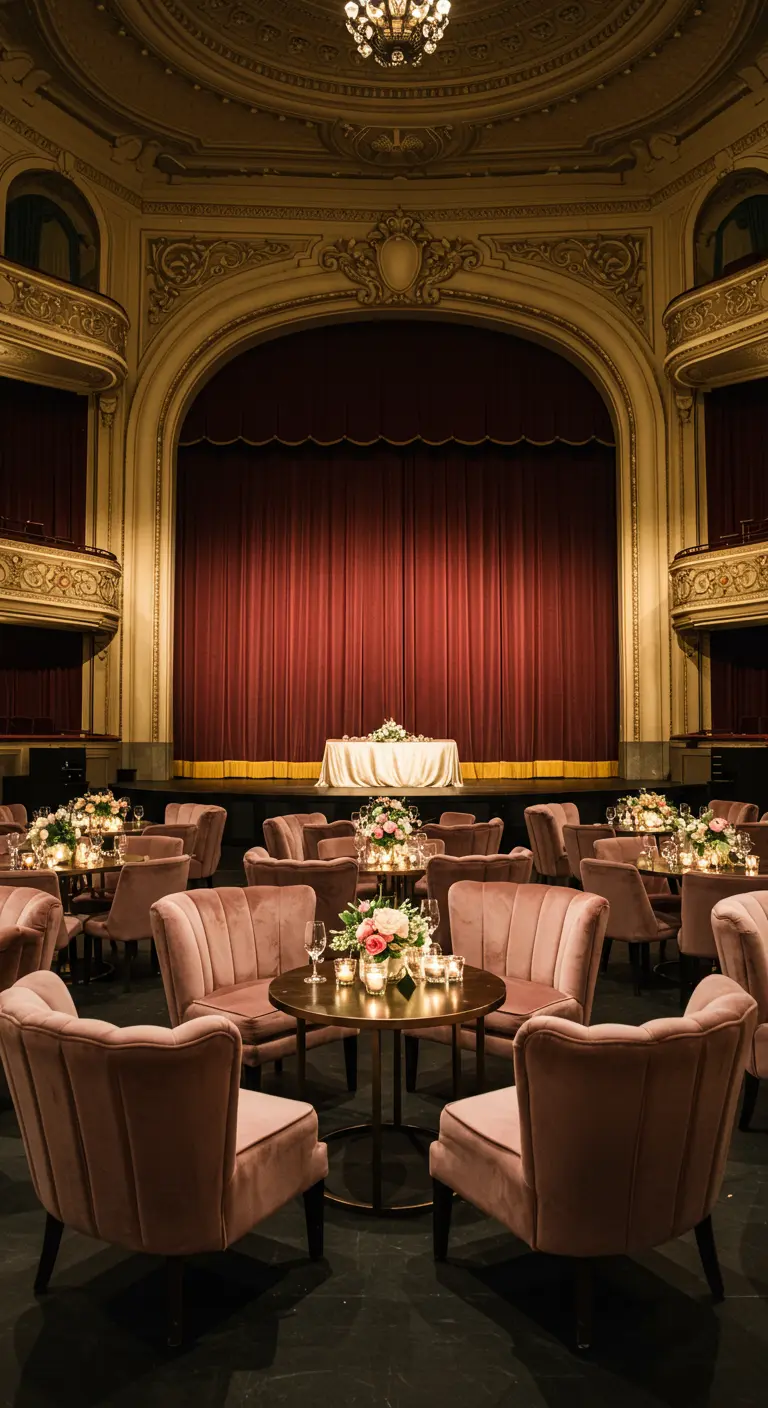 Receptie in een theater met roze fluwelen fauteuils rond kleine tafeltjes.