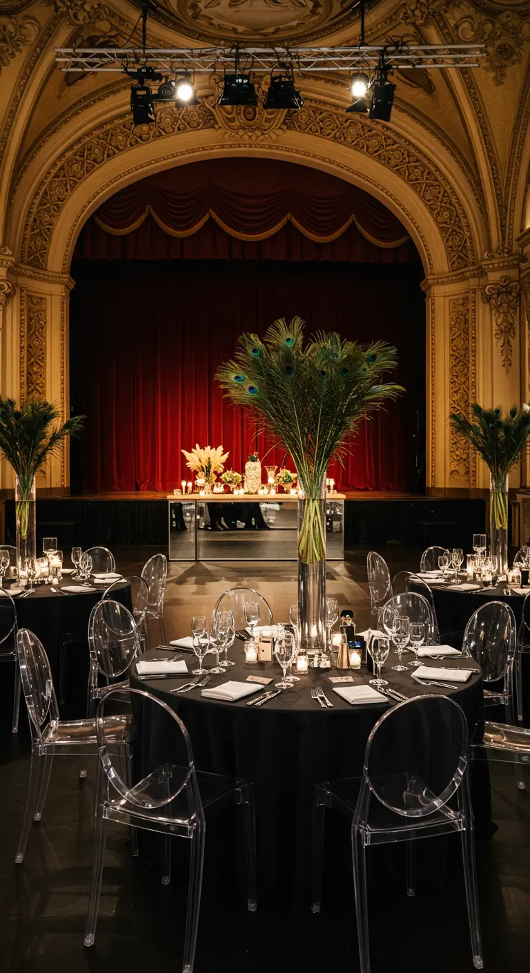 Receptie in een klassiek theater met een moderne spiegelbar en grote vazen met pauwenveren.