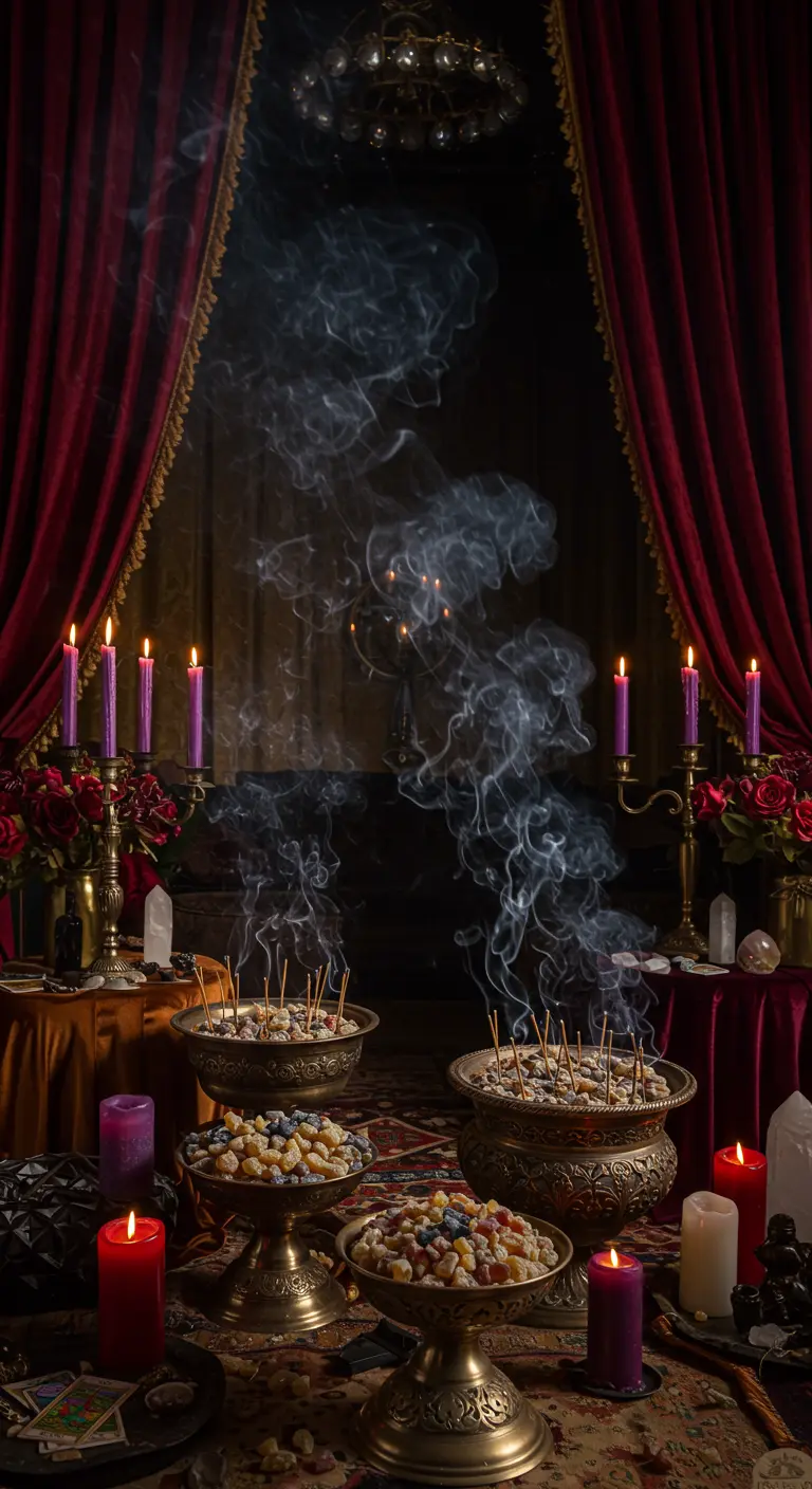 Donkere, mystieke setting met brandende wierook en paarse kaarsen.