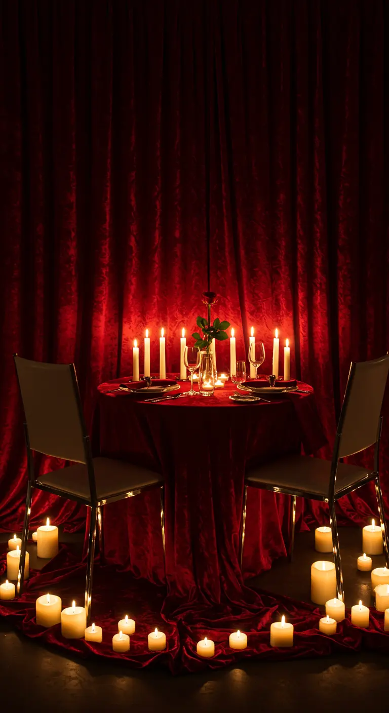 Dieprode fluwelen gordijnen achter een romantisch gedekte tafel voor twee met veel kaarsen.