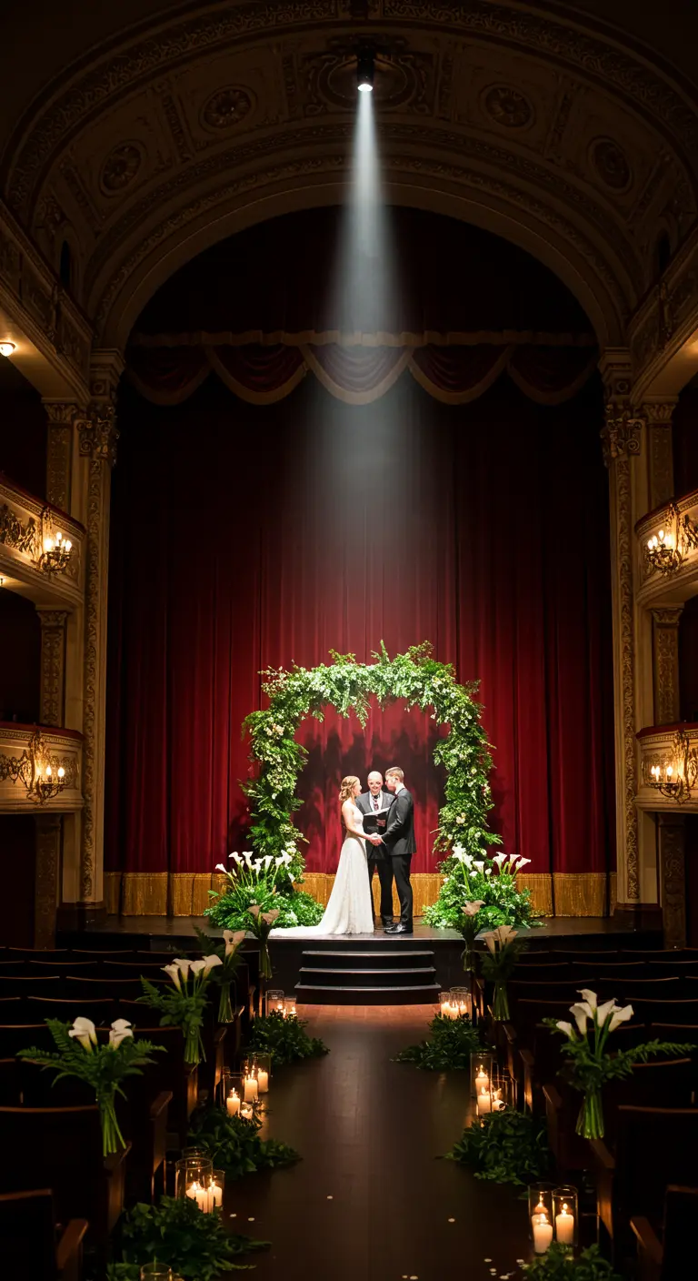 Bruidspaar onder een groene bloemenboog op een theaterpodium, verlicht door een enkele spotlight.