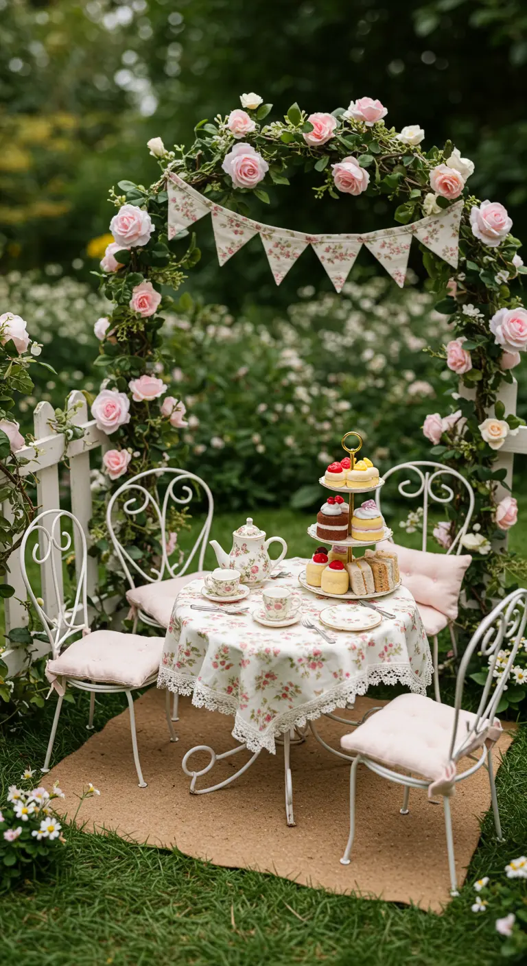 Romantisch theekransje voor kinderen in een tuin, met wit meubilair en een rozenboog.