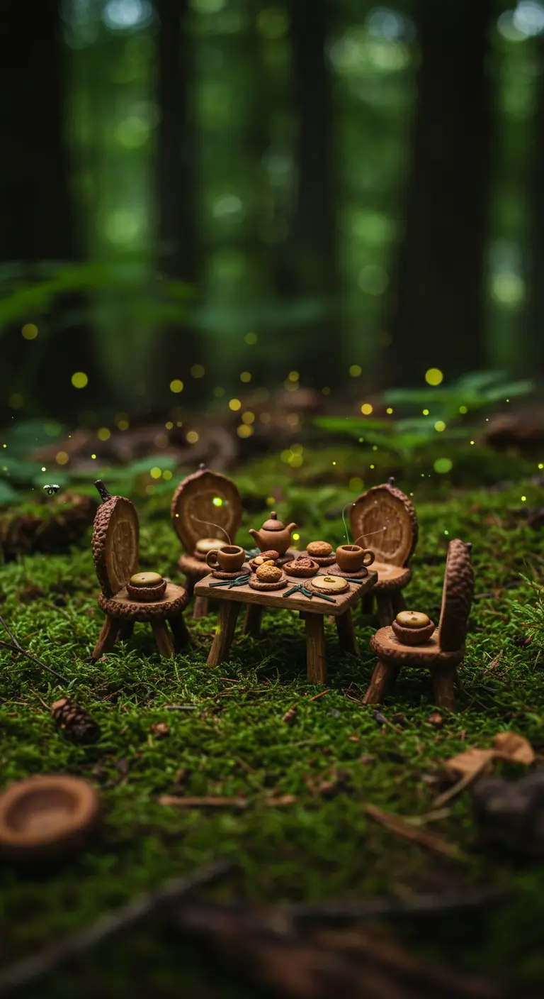 Miniatuur theekransje op mos met meubels van takjes en eikels.