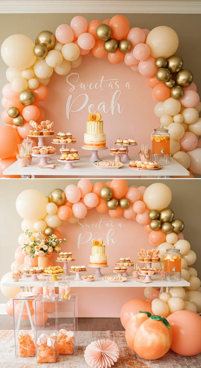 Desserttafel met perzikthema, ballonnenboog in perzik- en goudtinten.