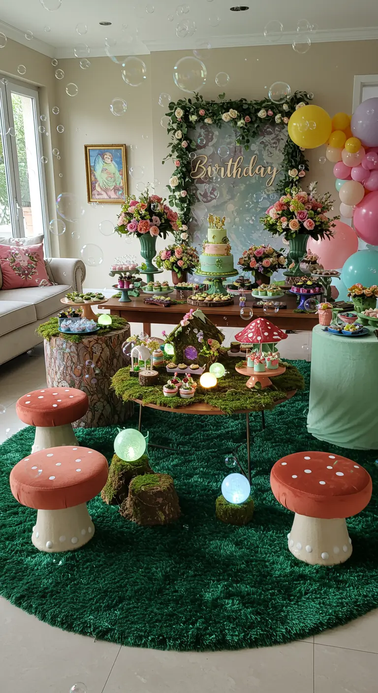 Kinderverjaardag met bosthema, met een rond groen tapijt, paddenstoelkrukjes en een desserttafel.