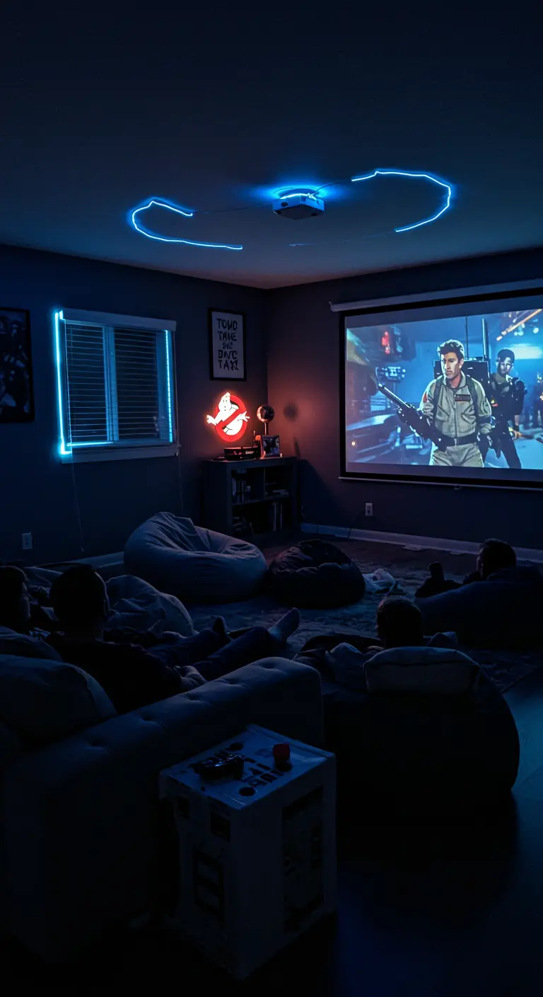 Woonkamer ingericht als thuisbioscoop met het Ghostbusters-logo in neon aan de muur.
