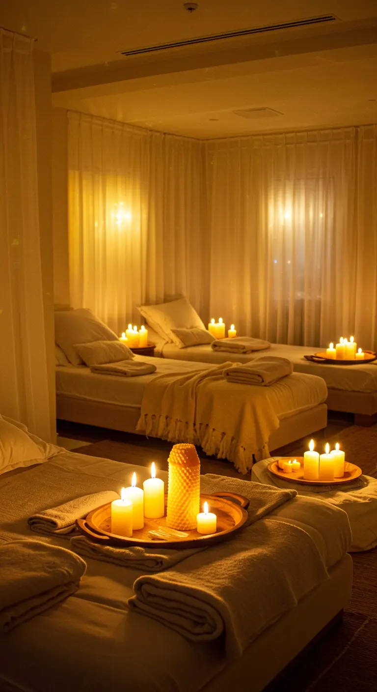 Ontspanningsruimte met massagetafels en clusters van brandende kaarsen.