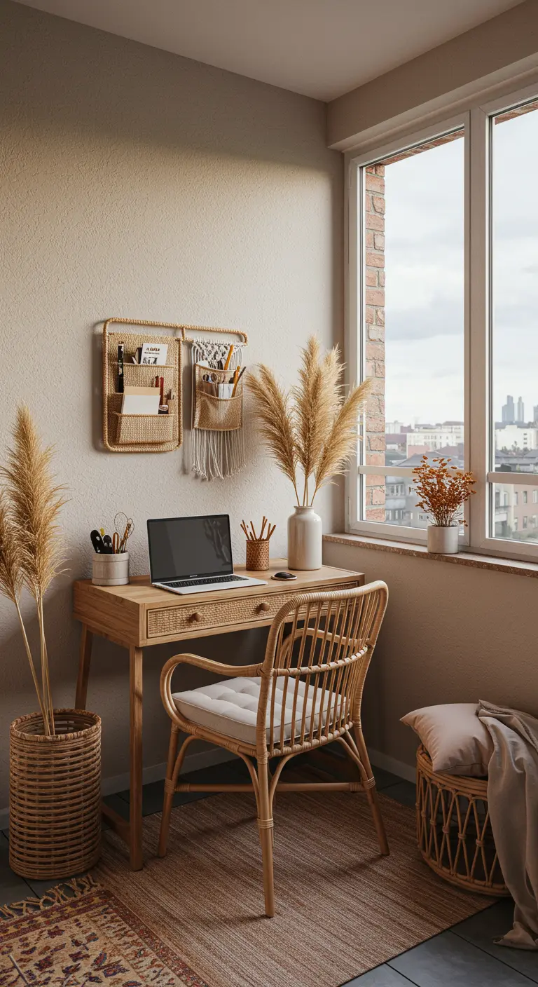 Balkonhoek ingericht als werkplek met een houten bureau en rotan stoel.