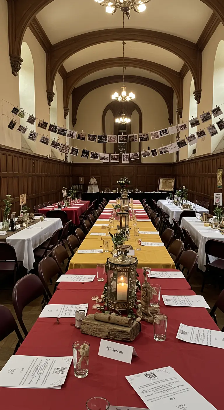 Grote feestzaal met lange tafels, waarboven slingers met foto's de hele ruimte doorkruisen.