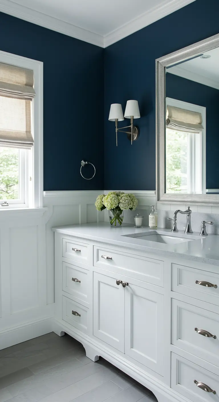 Traditionele badkamer met diepblauwe muren boven witte houten lambrisering en een wit meubel.