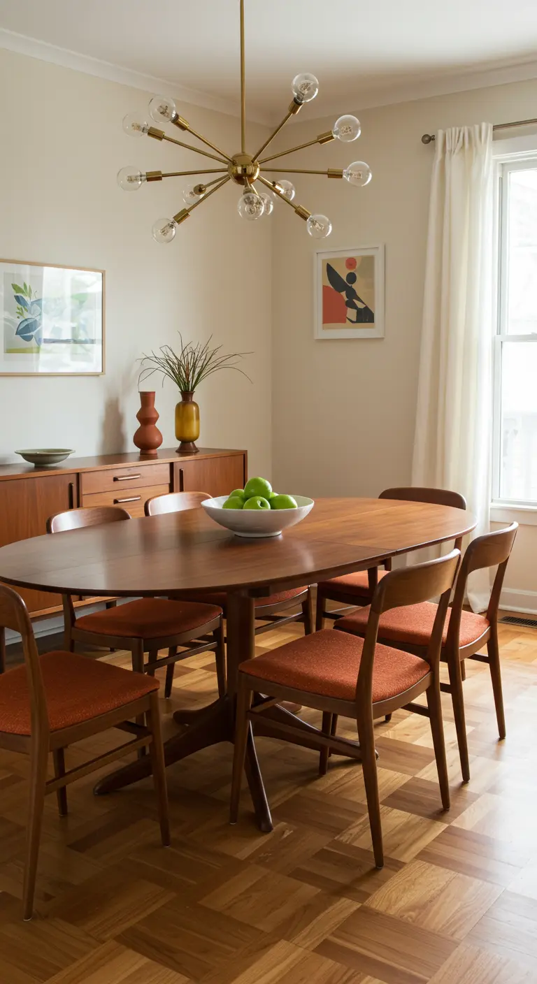 Mid-century moderne eetkamer met ovale teak tafel, oranje stoelen en sputnik lamp.