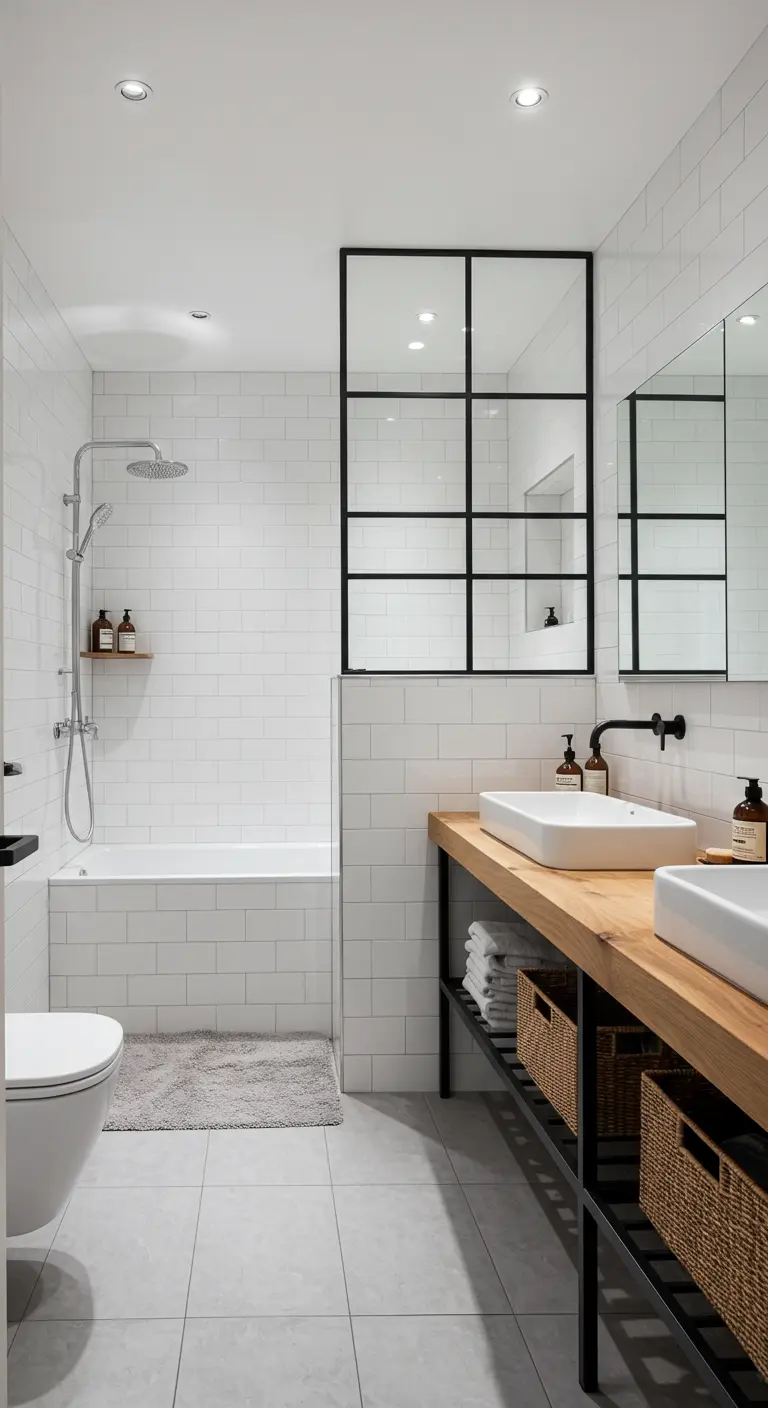 Witte badkamer met metrotegels, houten meubel en een stalen glaspaneel.