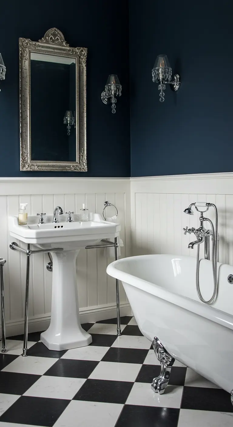 Klassieke badkamer met zwart-wit geblokte vloer, vrijstaand bad en donkerblauwe muren.