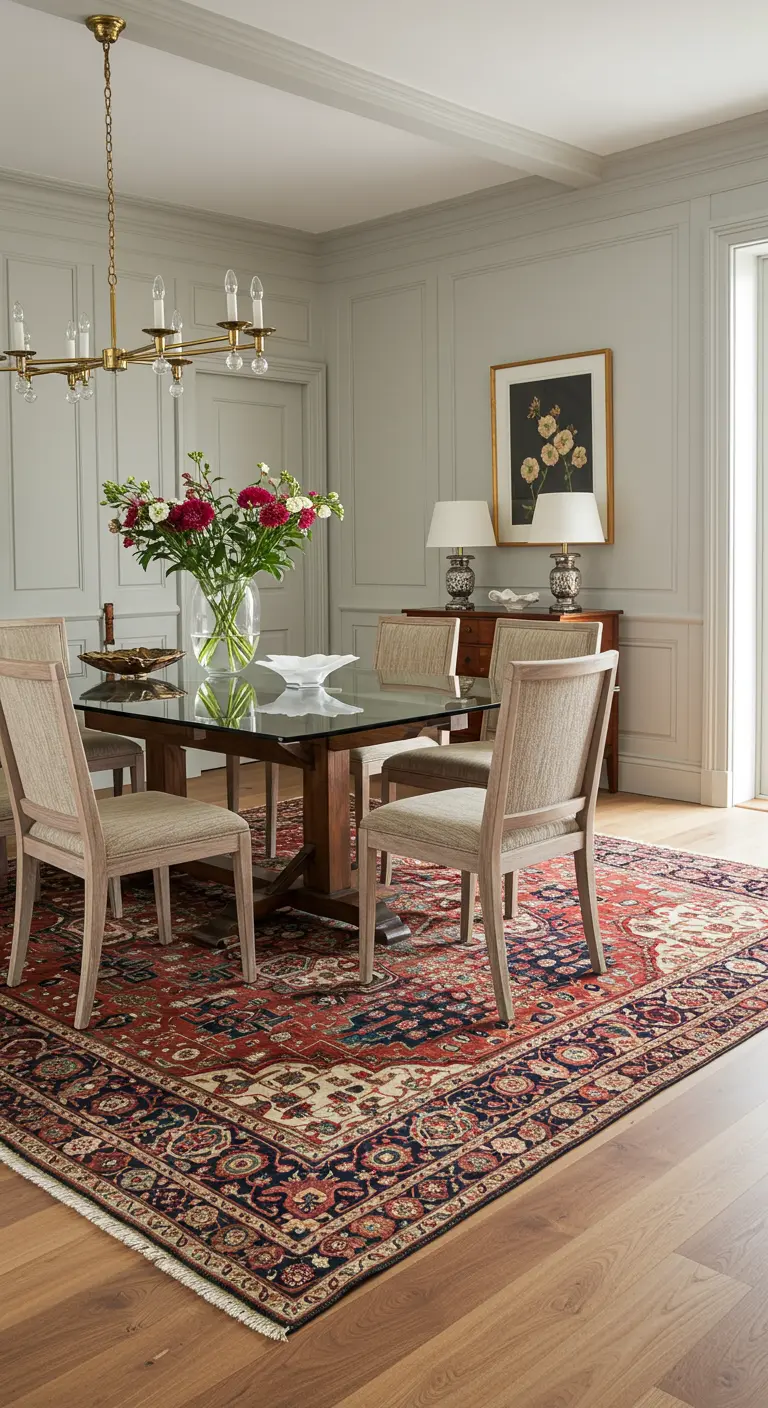 Klassieke eetkamer met lichtgrijze muren, houten tafel en een traditioneel rood-blauw Perzisch tapijt.