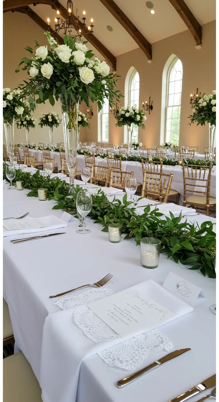 Elegant wedding table with white linens, gold chairs, green garland, white roses, and lace placemats.