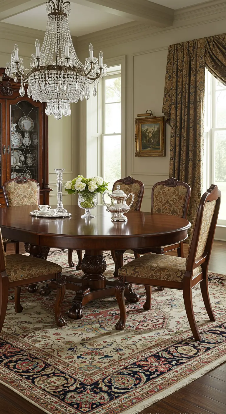 Traditionele eetkamer met ronde donkere houten tafel, gestoffeerde stoelen en kristallen kroonluchter.
