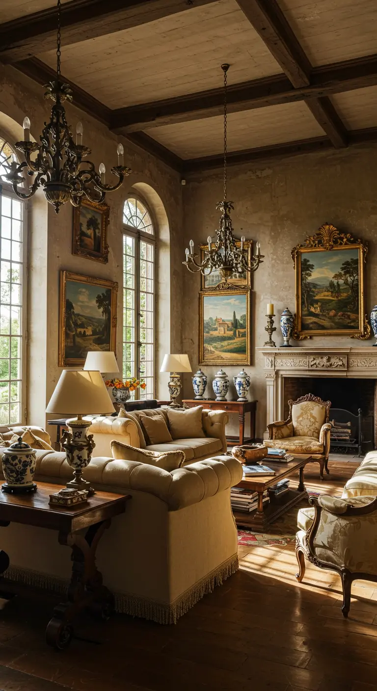Klassieke woonkamer met gouden meubels, meerdere kroonluchters en schilderijen.