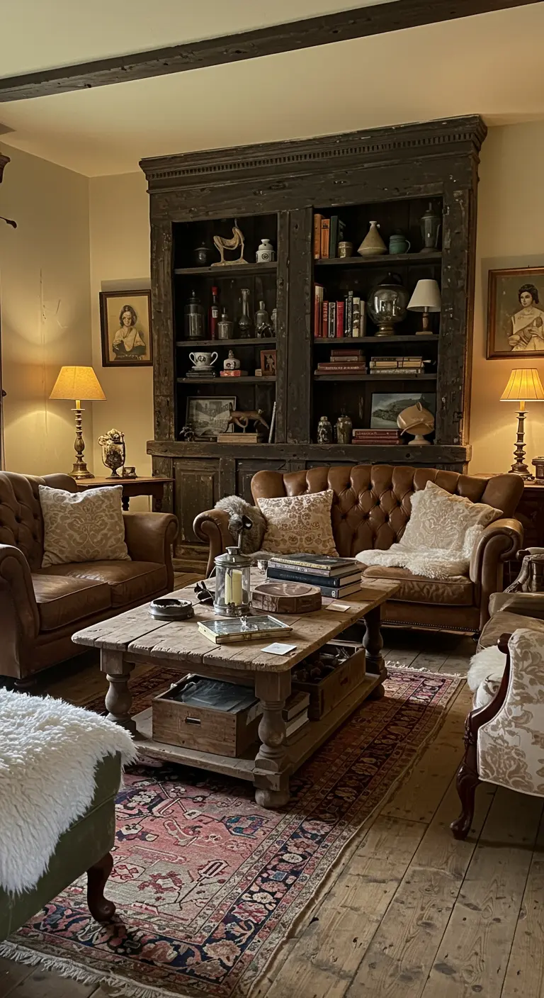 Klassieke woonkamer met donkere antieke kast, leren Chesterfield banken en Perzisch tapijt