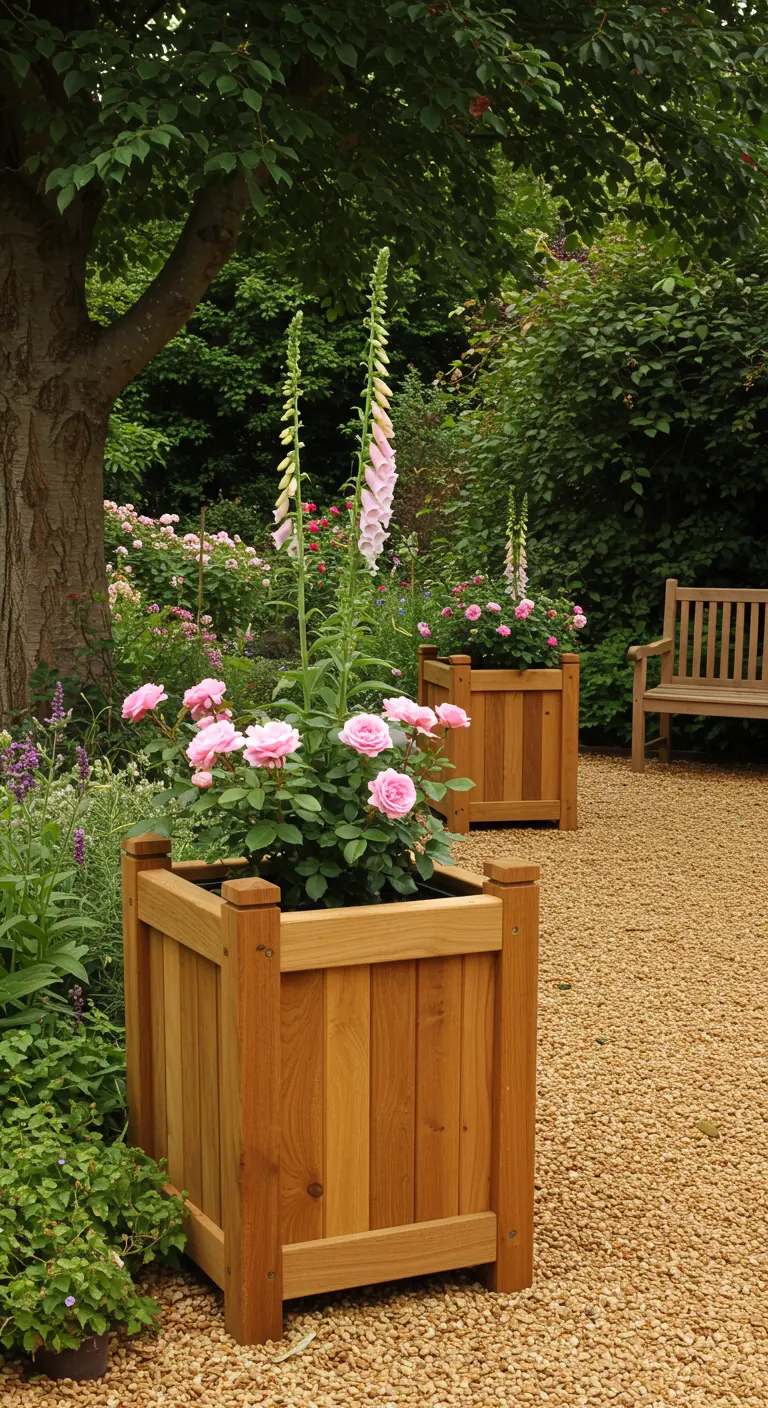 Klassieke vierkante houten plantenbakken in een grindtuin, gevuld met roze rozen en vingerhoedskruid.