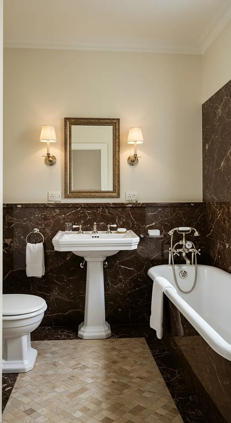 Klassieke badkamer met donkerbruin marmeren lambrisering, voetstukwastafel en vrijstaand bad.