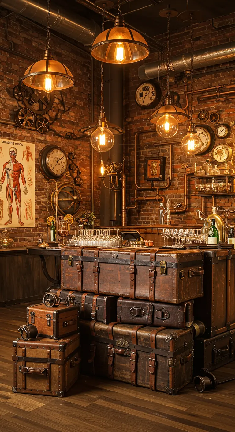 Steampunk-bar met industriële lampen, koperen buizen en leren koffers.