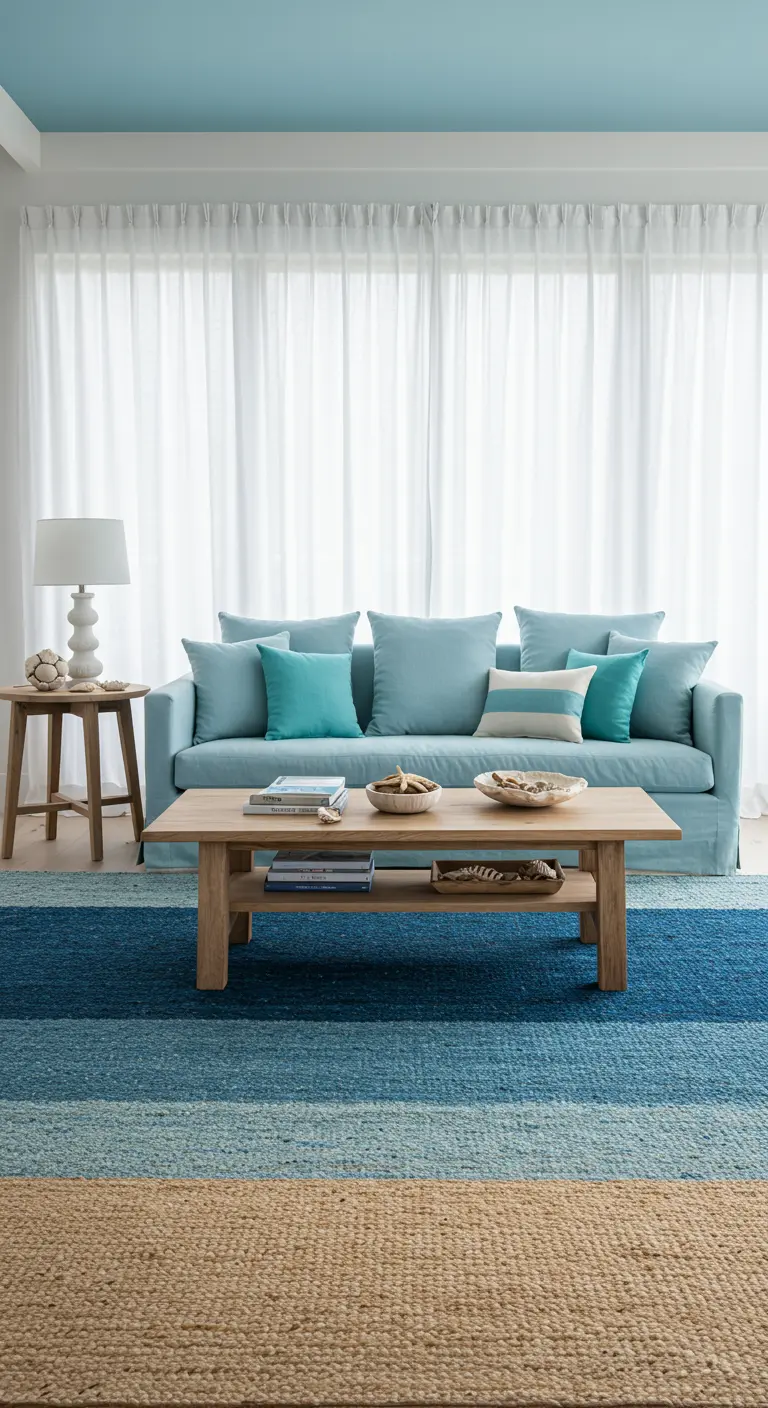 Woonkamer met een lichtblauw plafond, witte gordijnen en een blauw gestreept tapijt.