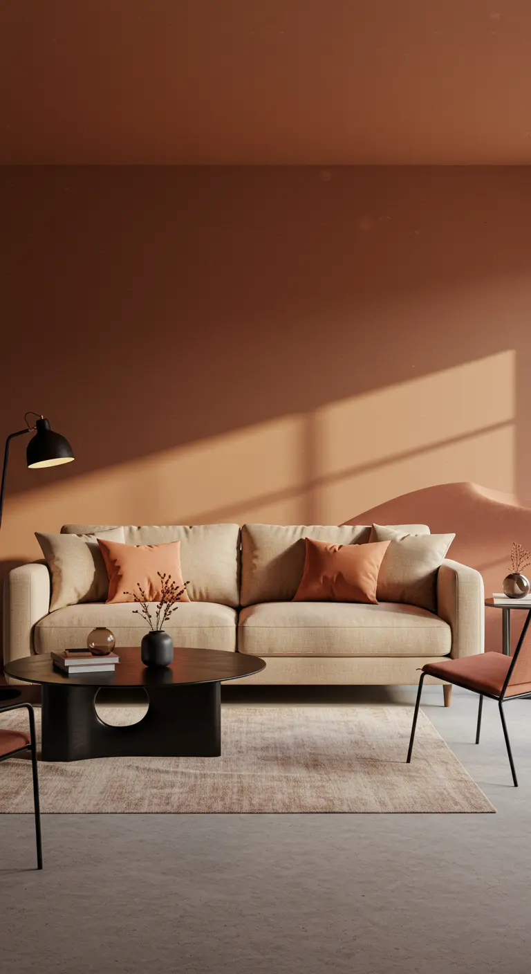 Woonkamer met muren en plafond in een diepe terracotta kleur.