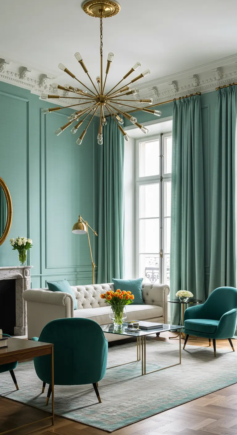 Elegante woonkamer met turquoise muren en gordijnen, en een gouden kroonluchter.