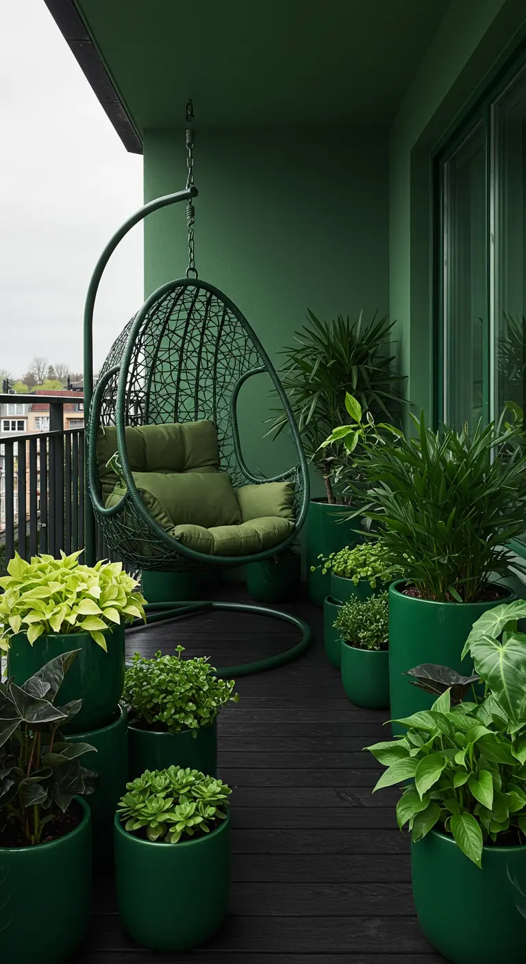 Groene hangstoel tegen een groen geverfde muur, omringd door planten in potten in verschillende groentinten.