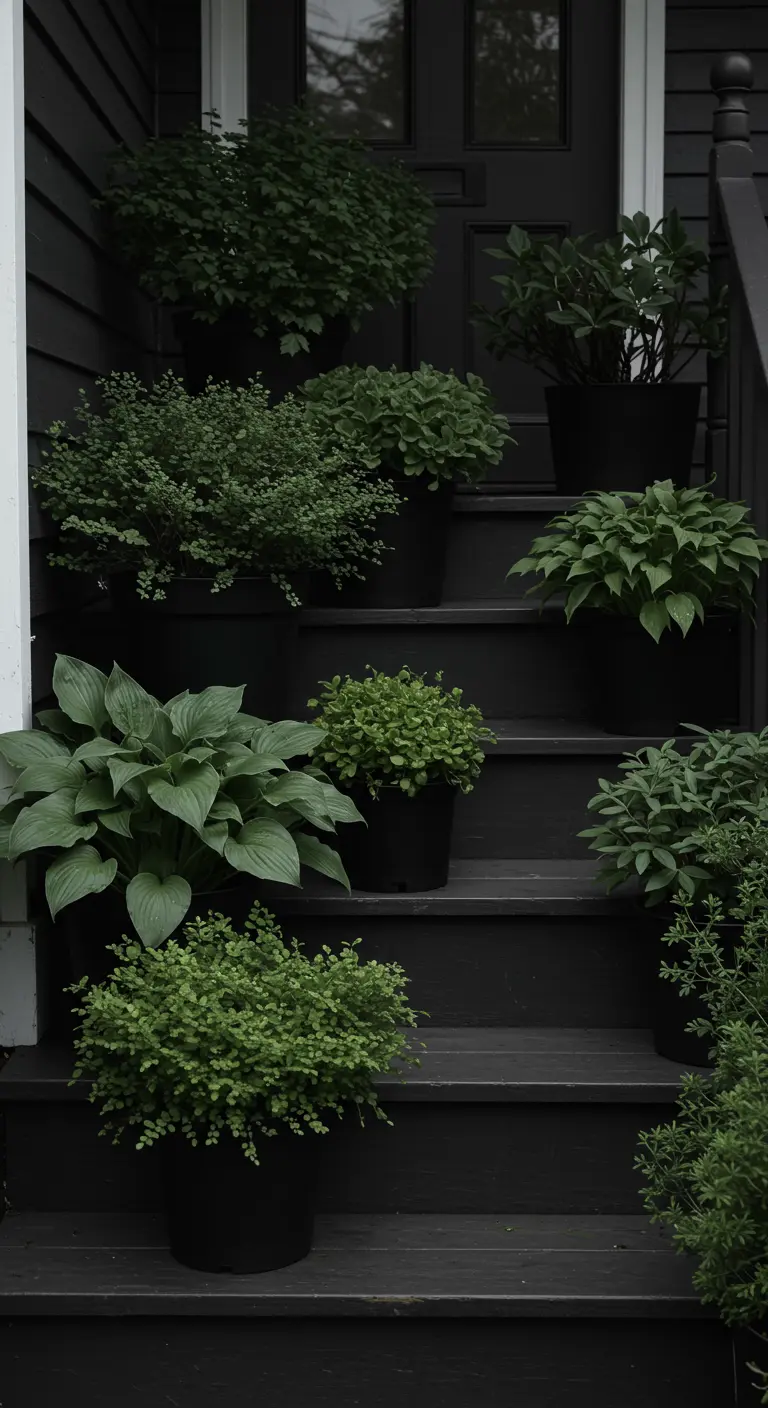 Donker geverfde trap met zwarte potten, gevuld met planten in diverse groentinten.