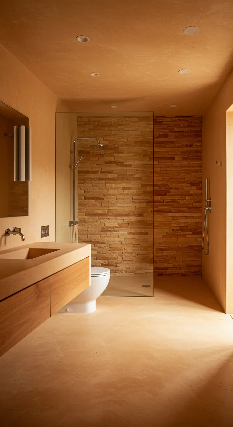 Badkamer in zand- en terracottatinten met een stenen accentwand in de douche.