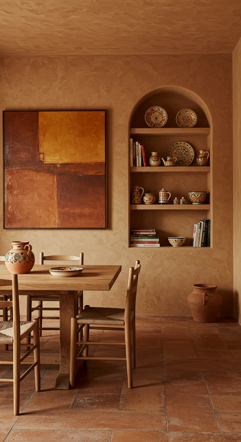 Eetkamer in aardetinten met een ingebouwde nis voor aardewerk en een groot abstract schilderij.