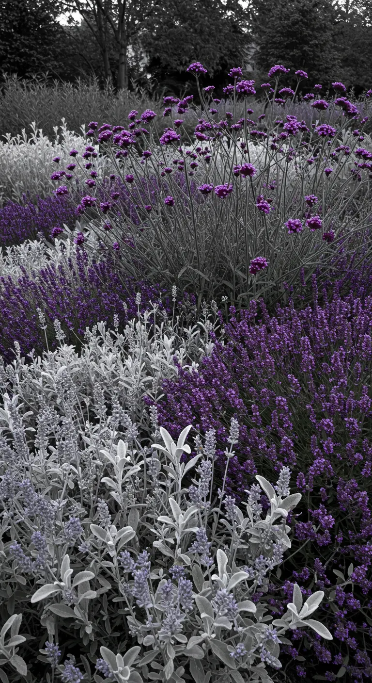 Border met verschillende paarse bloemen zoals lavendel en verbena, met zilveren bladplanten.