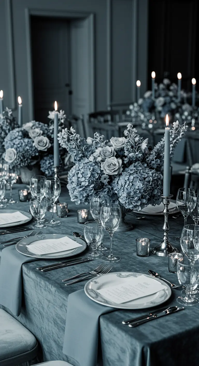 Tafel volledig in blauwtinten, met blauwe hortensia's, blauw linnen en blauwe kaarsen.