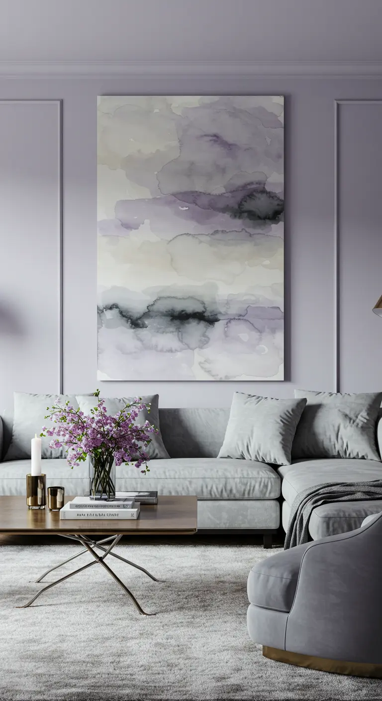 Woonkamer met lila muren, een grijze bank en een groot abstract schilderij.