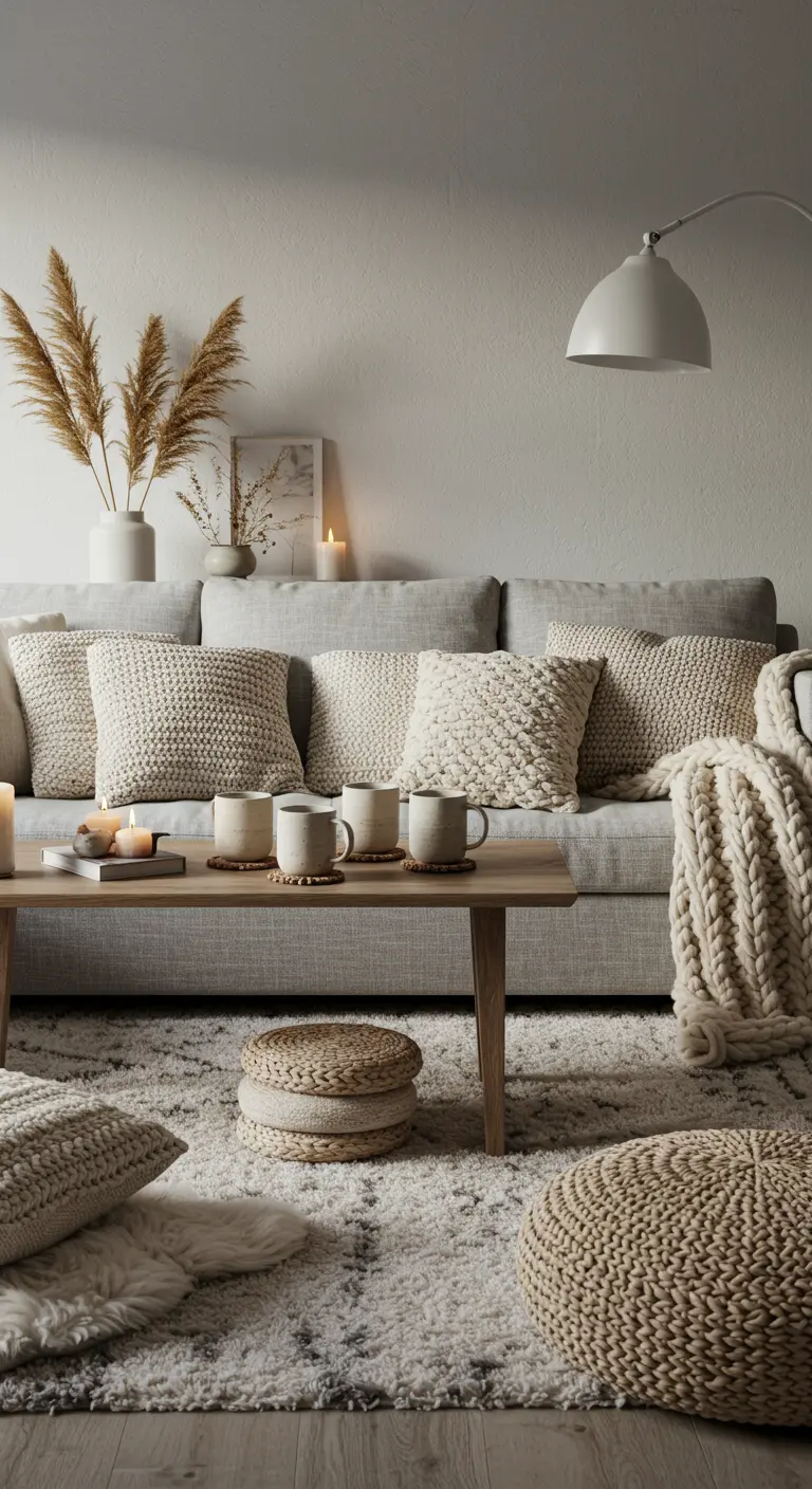 Lichte woonkamer met een bank vol naturelkleurige kussens en plaids.