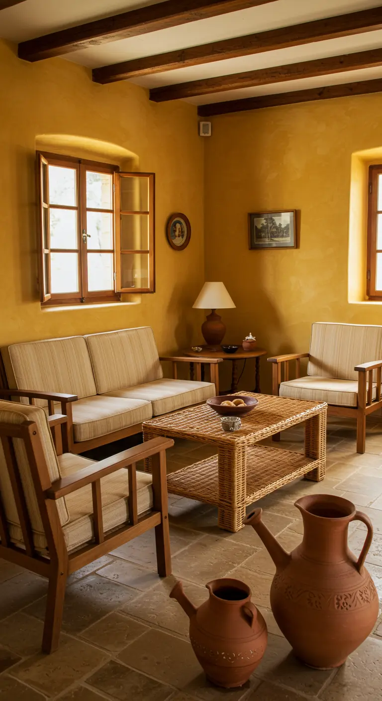 Zonnige woonkamer met okergele muren, houten meubels, een rotan tafel en terracotta kruiken op de vloer.