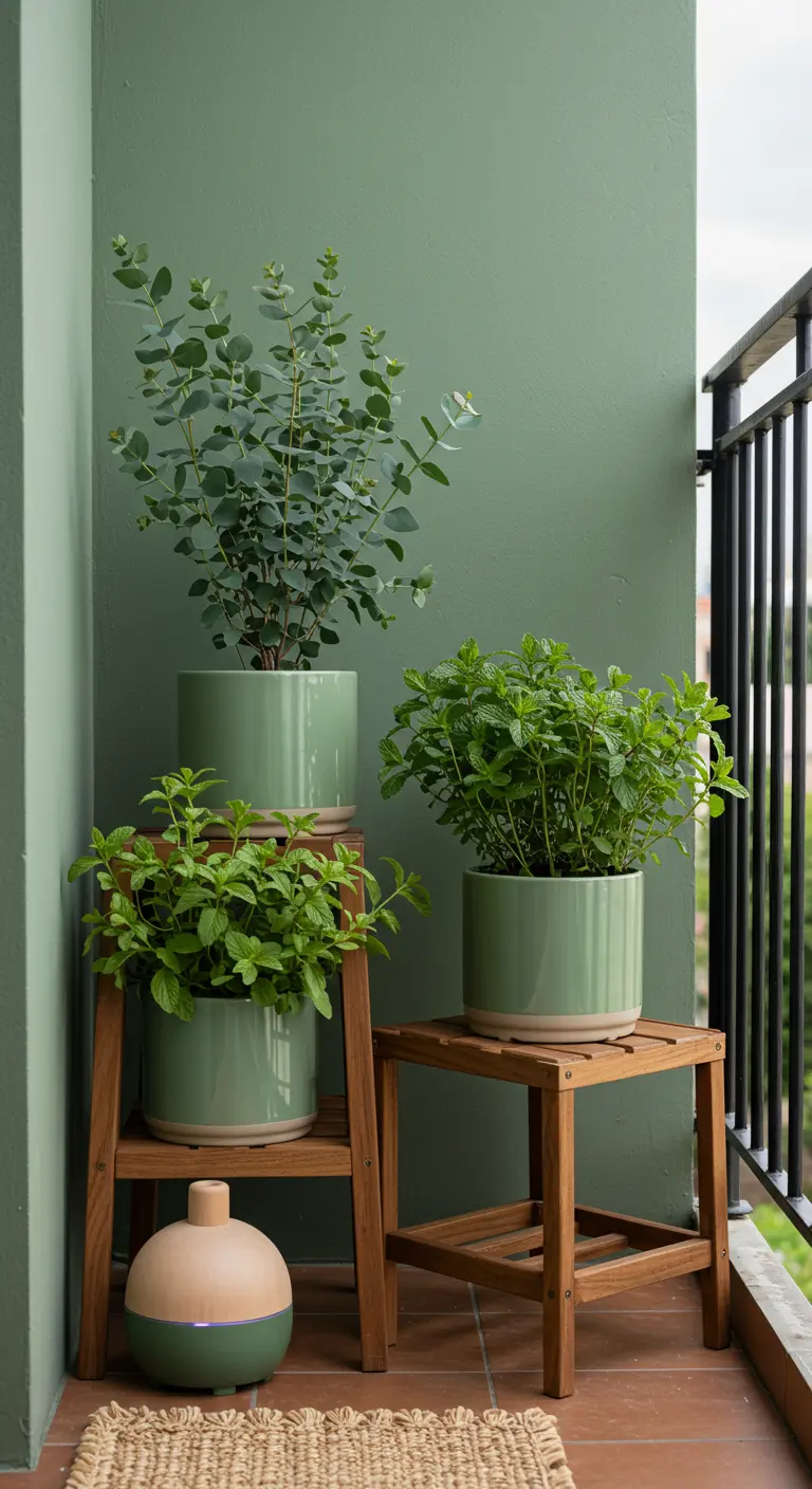 Balkon met een saliegroene muur en kruiden in potten van vergelijkbare groene tinten.