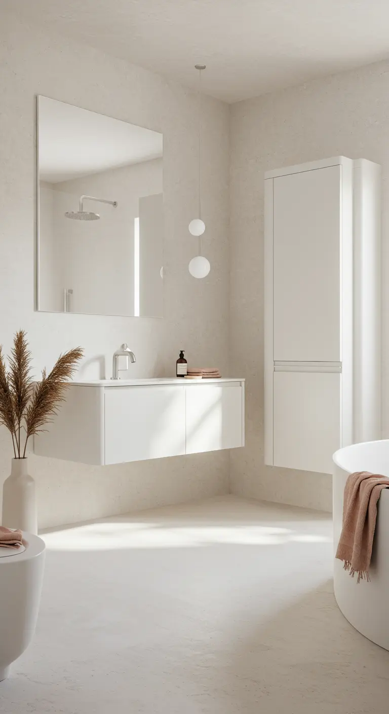 Volledig witte badkamer met lichte betonciré, een zwevend meubel en droogbloemen in een vaas.