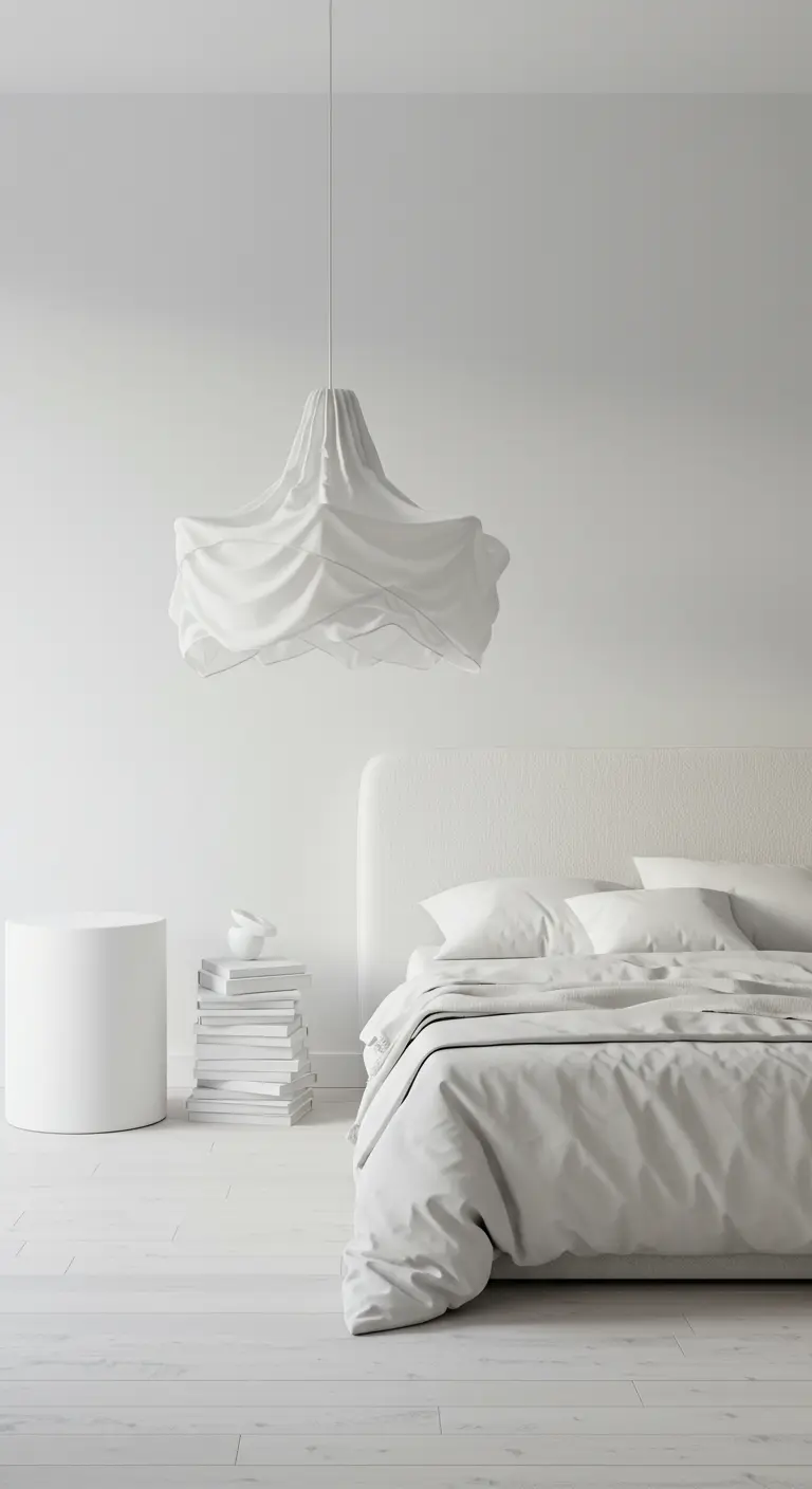 Volledig witte, minimalistische slaapkamer met een stoffen, golvende hanglamp en een stapel boeken als nachtkastje.