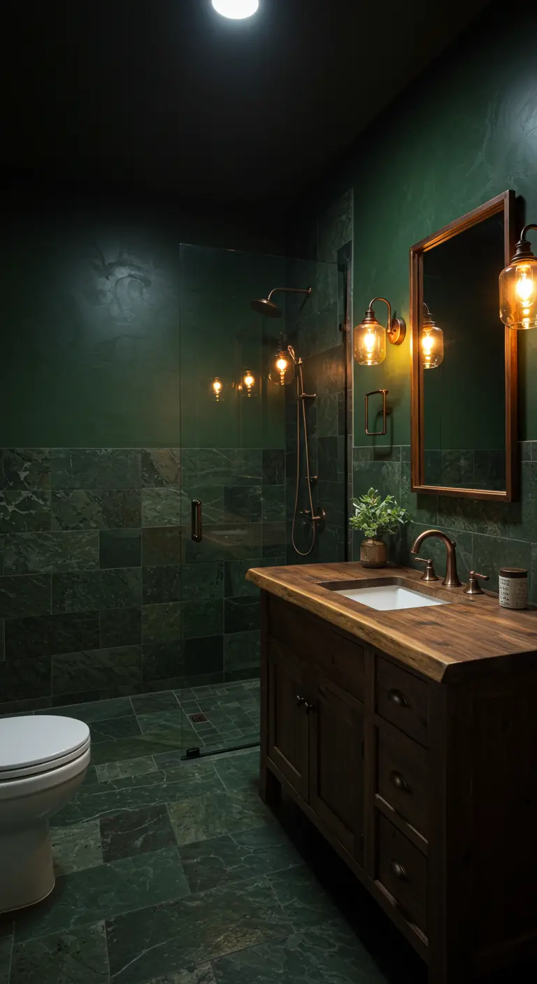 Donkergroene badkamer met natuurstenen tegels en een groen geschilderde muur.
