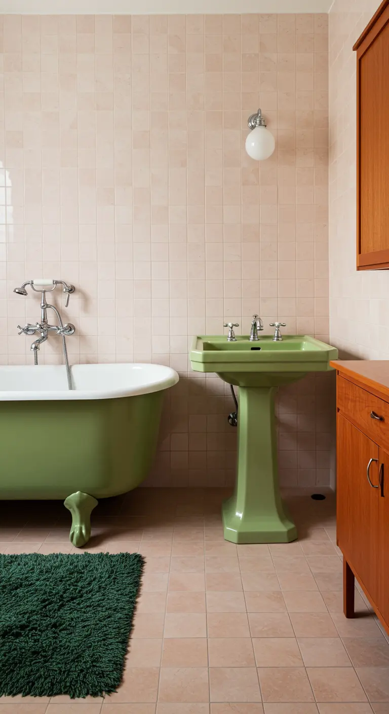 Retro badkamer met een olijfgroen bad en wastafel tegen een achtergrond van roze tegels.