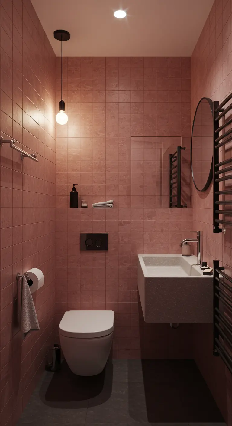 Compacte badkamer met matte roze tegels, zwarte kranen en een ronde spiegel.