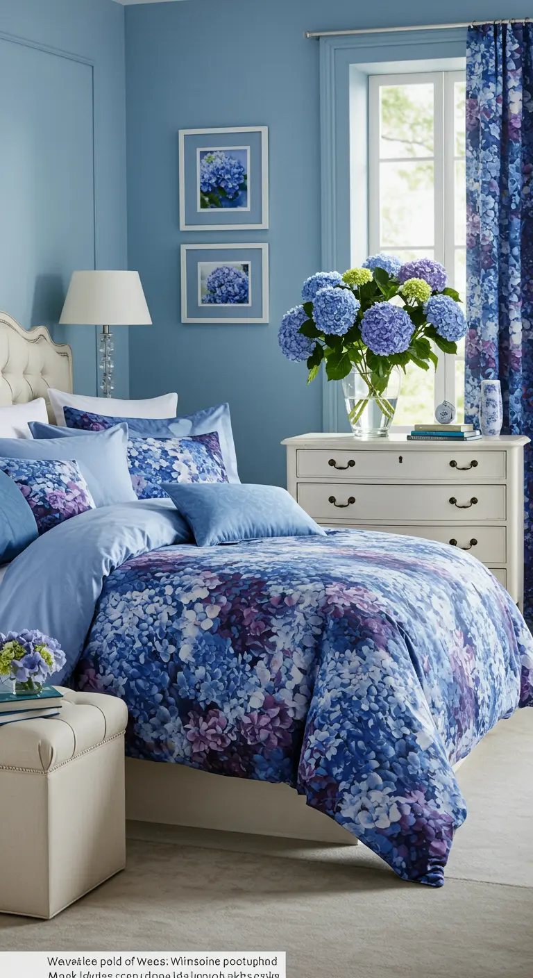 Slaapkamer met blauwe muren en een overvloed aan hortensia's, zowel op het beddengoed als in een vaas.