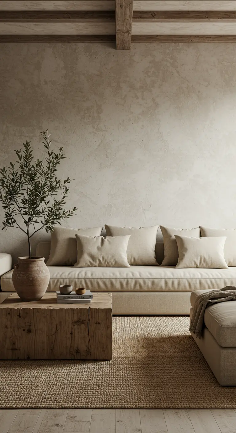 Beige woonkamer met een linnen bank, een houten tafel en een olijfboom.
