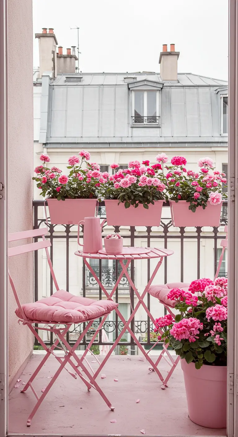 Balkon volledig in het roze, met roze bistrosset, roze muren en roze bloemen.