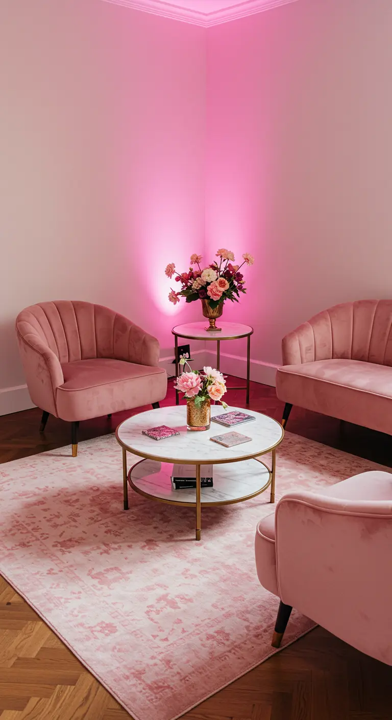 Loungehoek met roze fluwelen meubels en roze sfeerverlichting.
