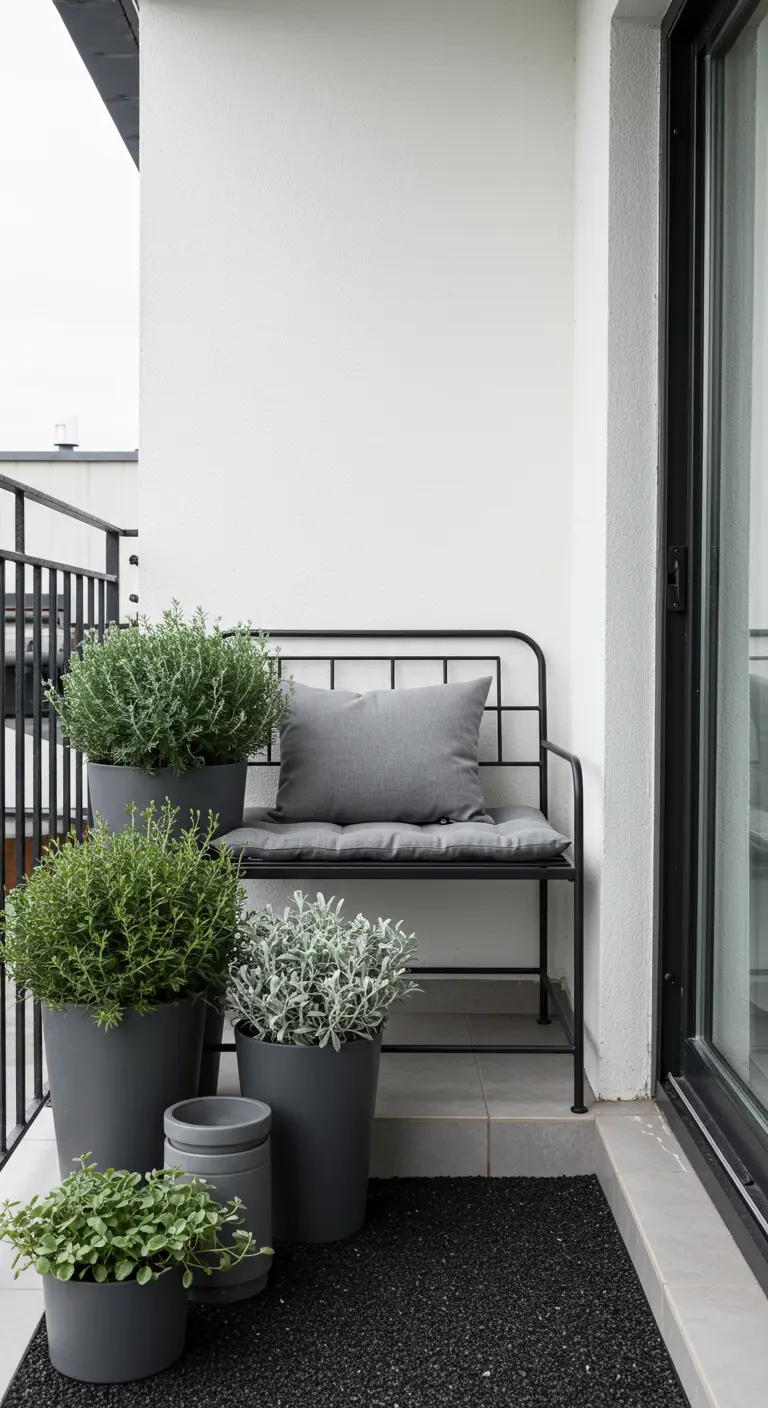 Strakke zithoek met een grijs metalen bankje en diverse planten in grijze potten.
