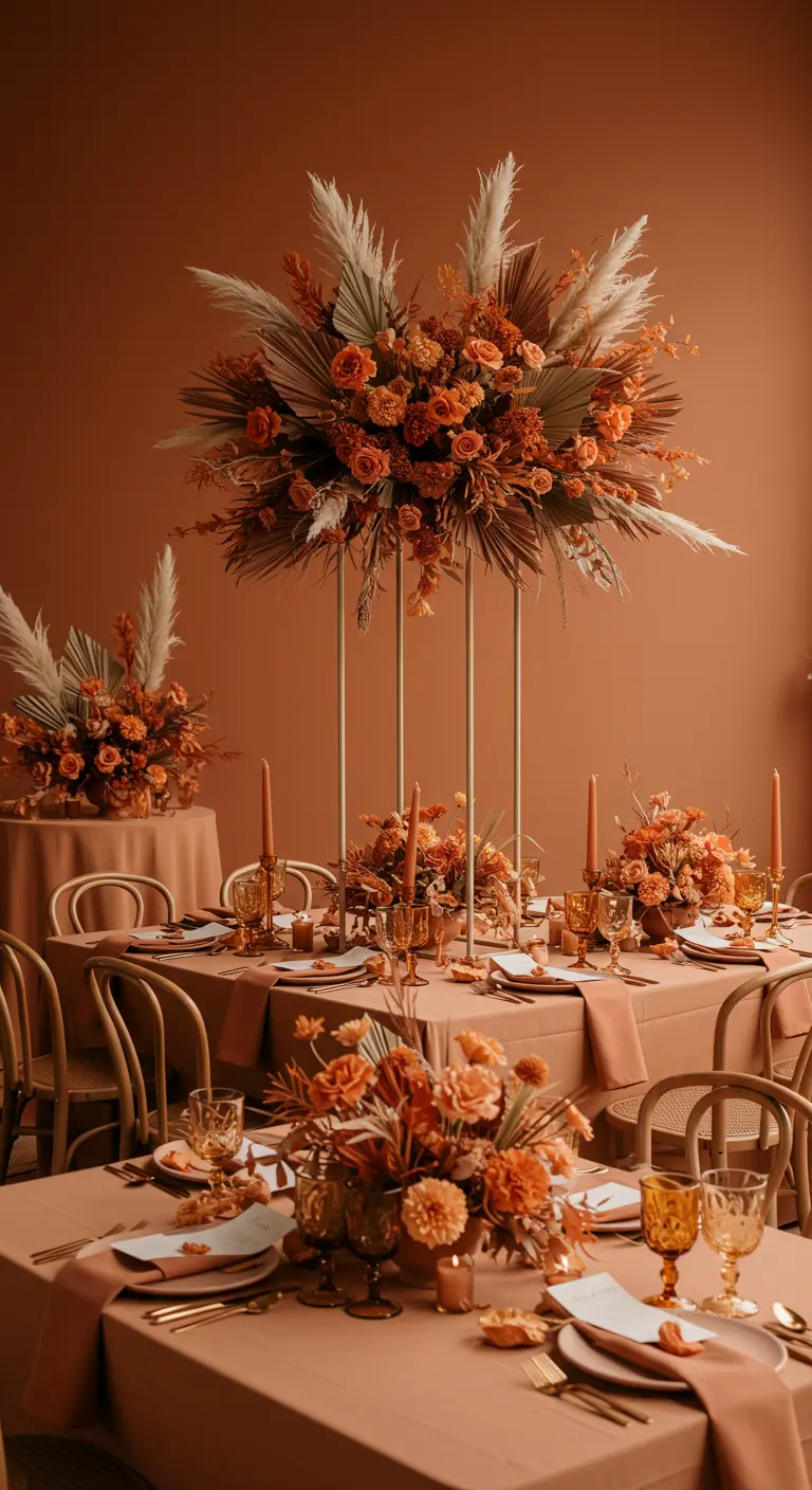 Monochrome tafelsetting in terracotta tinten, met droogbloemen op hoge en lage standaarden.